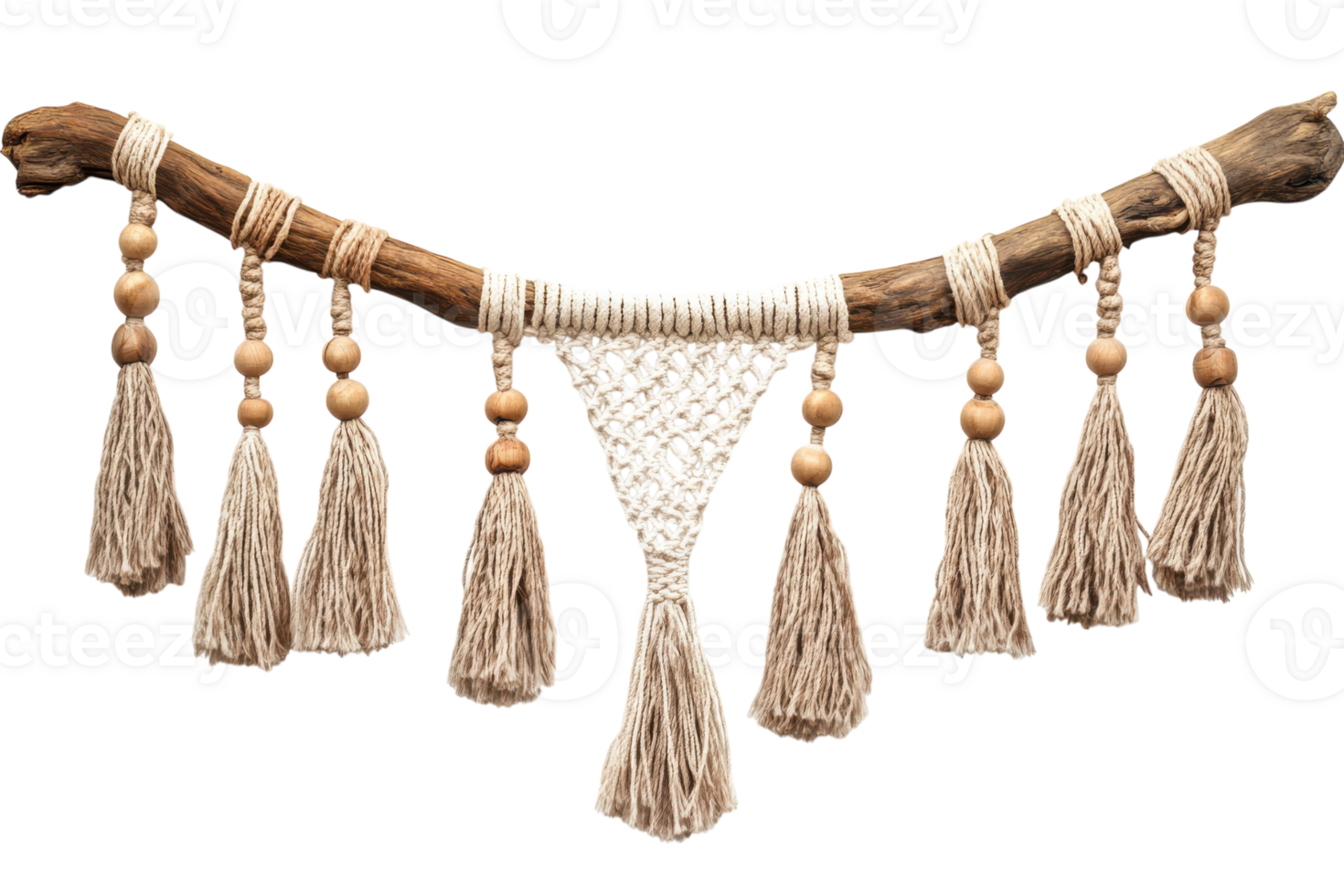 Decorative macrame wall hanging made from natural materials with tassels and wooden beads png