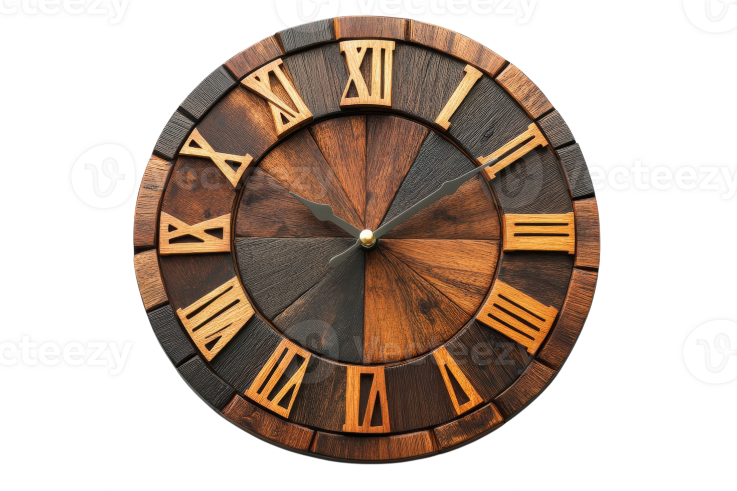 Wooden wall clock with Roman numerals showcasing intricate craftsmanship and natural wood tones png