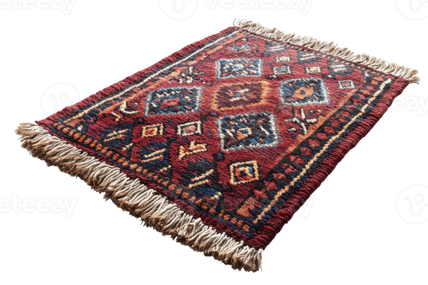 Handwoven traditional carpet with intricate patterns displayed on a white surface png