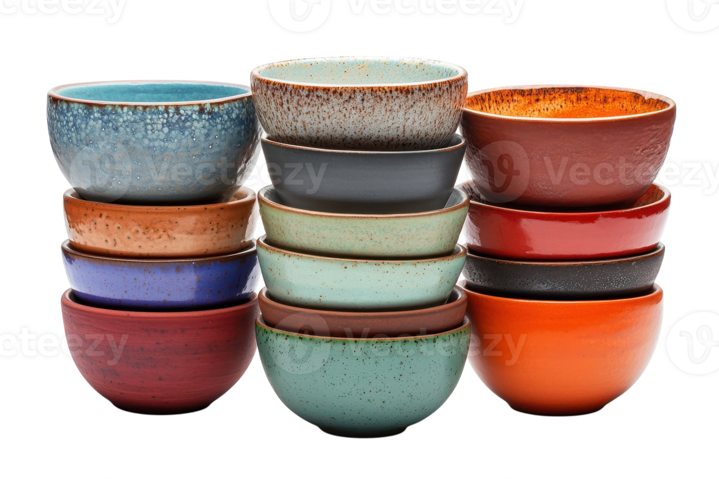 Stacked colorful ceramic bowls arranged in a visually pleasing display at a kitchen setting png