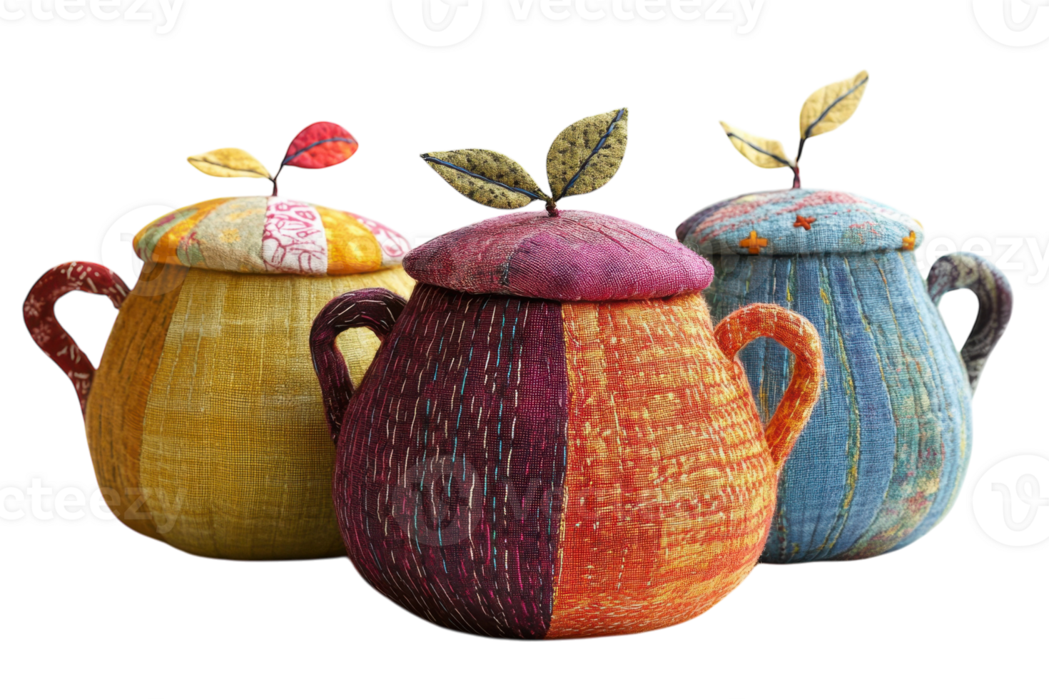 Colorful fabric tea kettles with playful leaf designs displayed together on a white background png