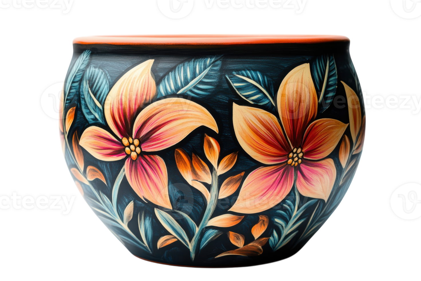 Colorful hand-painted clay pot showcasing floral design with intricate details and vibrant colors png
