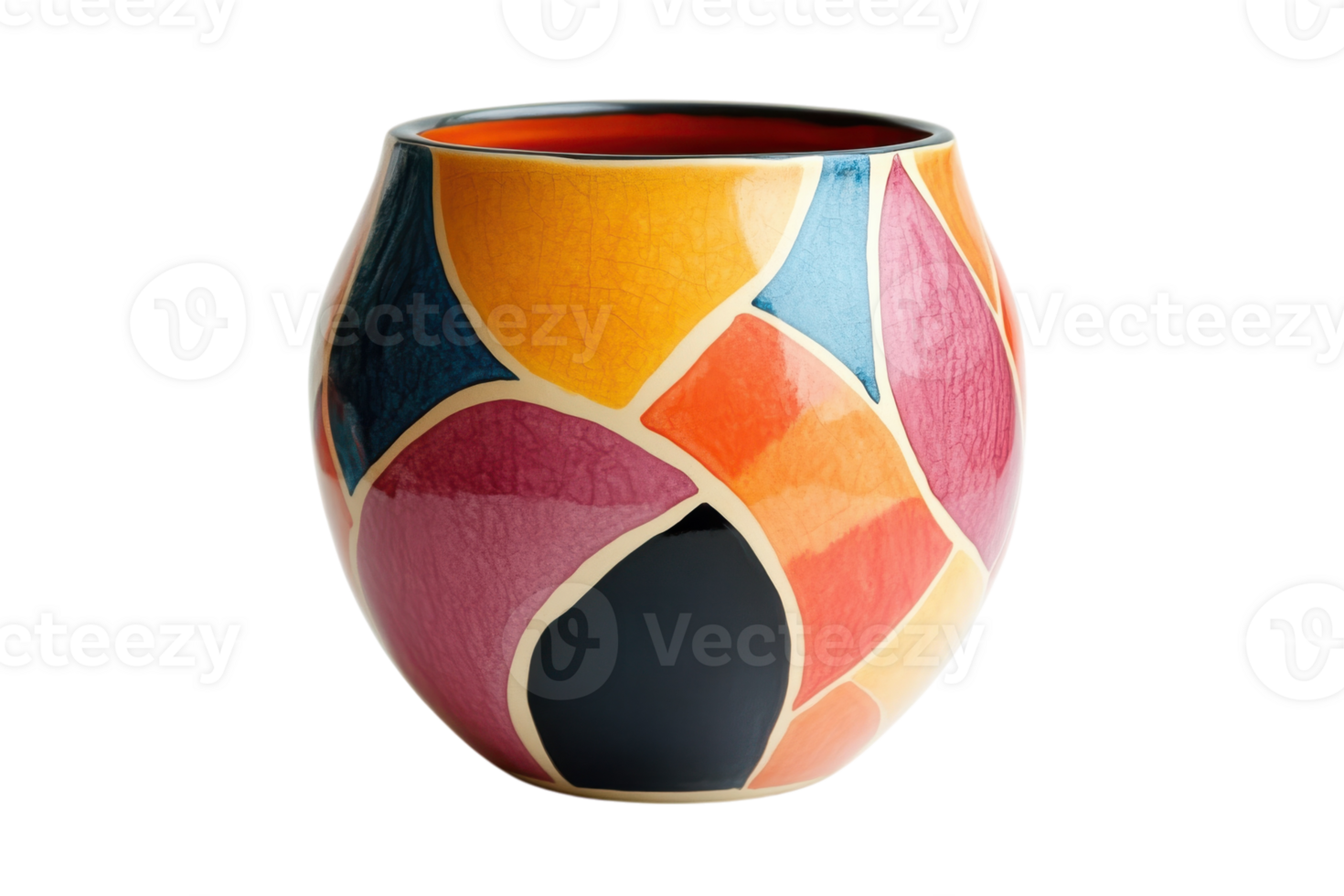 Colorful ceramic vase with unique geometric patterns displayed in a bright setting png