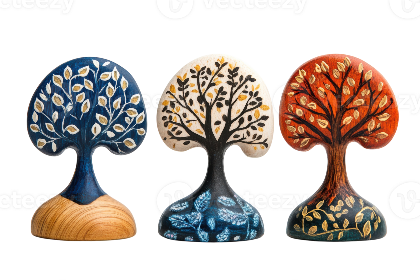Decorative tree figurines showcase intricate designs and vibrant colors in studio setting png