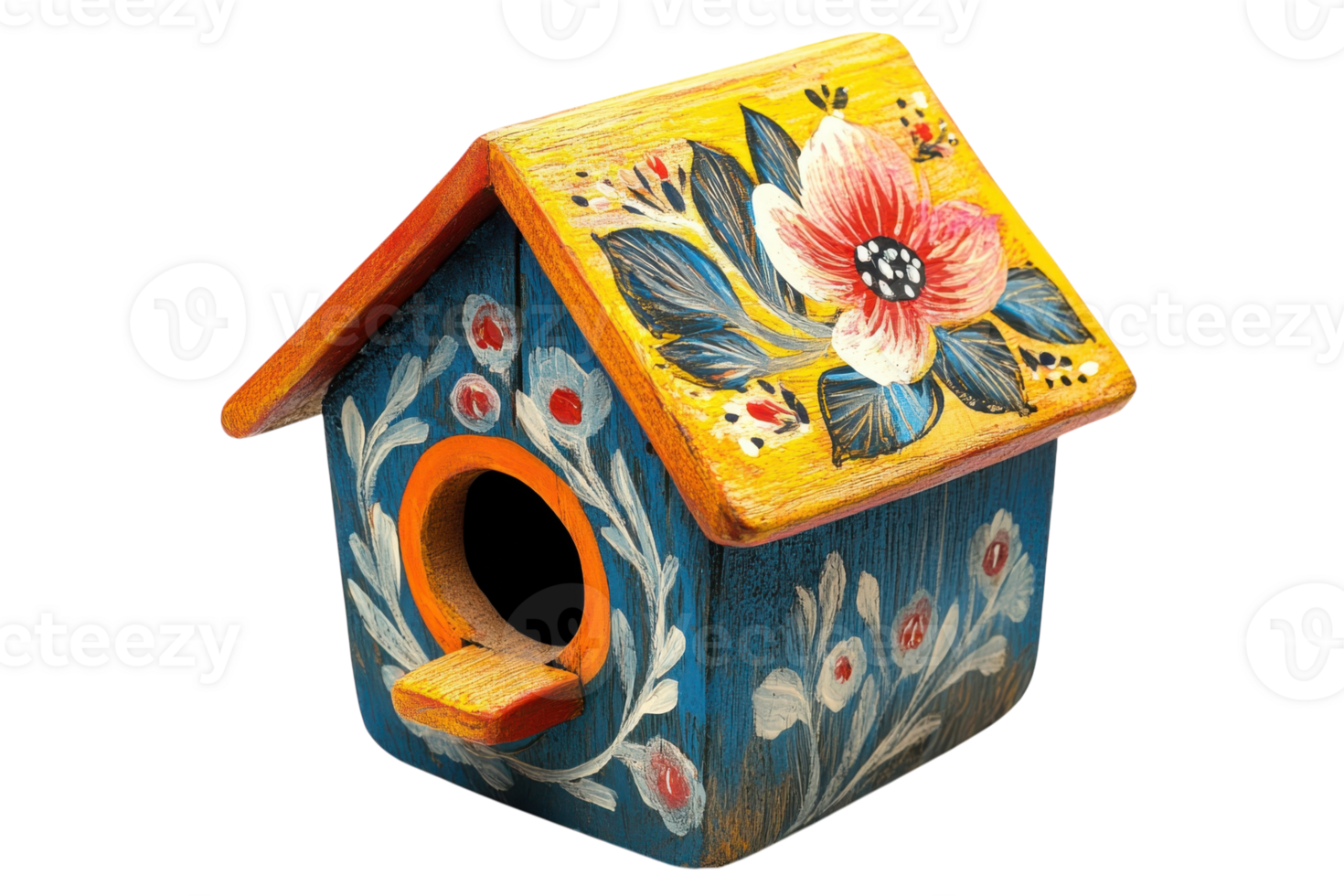 Decorative birdhouse with vibrant floral design and colorful roof displayed for outdoor use in a garden setting png
