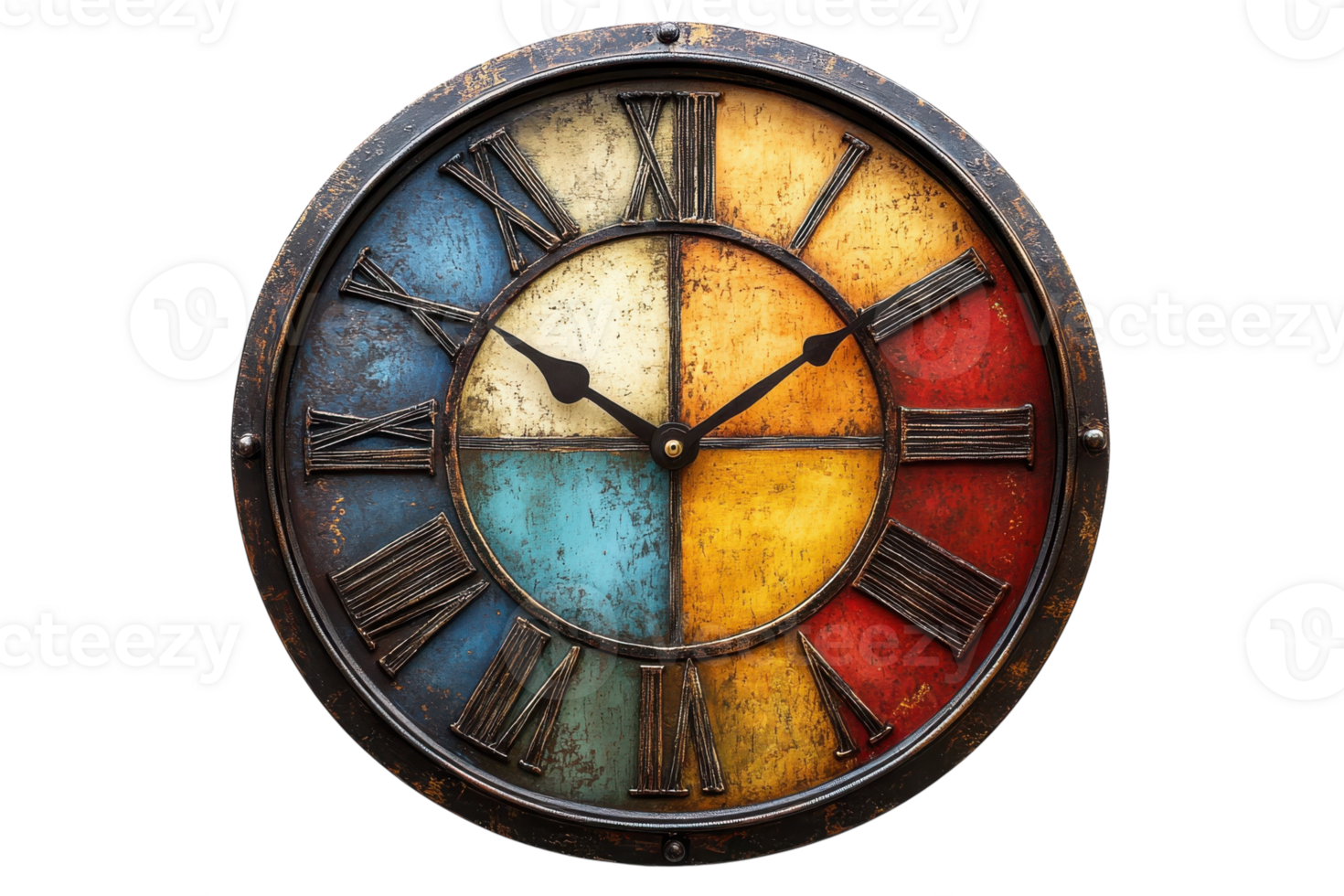 Wall clock featuring colorful segments with Roman numerals showcasing vintage design and rustic charm png