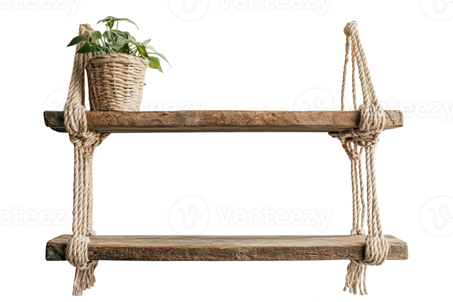 Rustic wooden hanging shelf with rope design and potted plant for home decor png