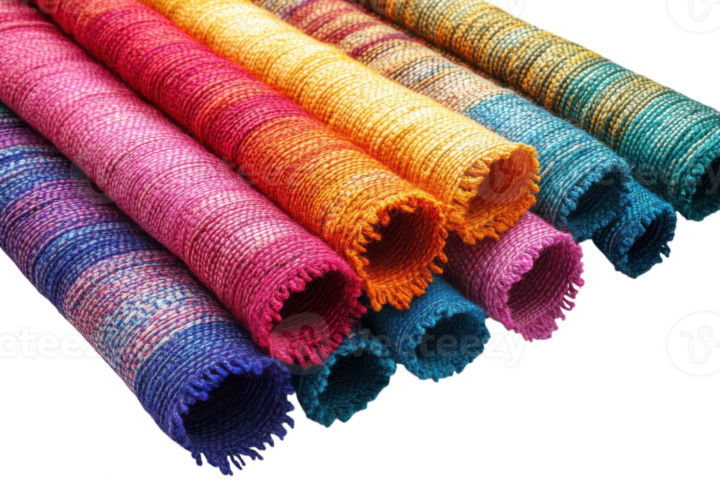Colorful woven textiles displayed in a vibrant array showcasing intricate craftsmanship and design techniques png