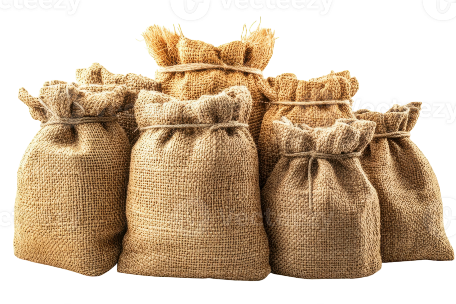 Collection of burlap sacks stacked together in a rustic arrangement for agricultural or storage purposes png