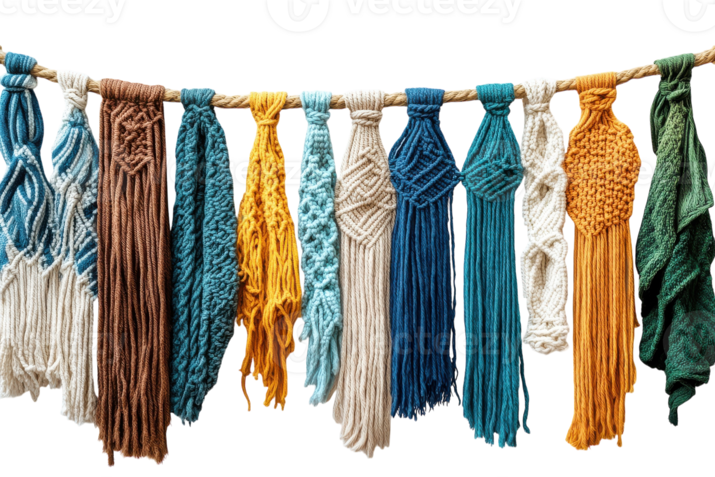 Colorful macrame wall hangings displayed on a rope showcasing different textures and patterns in a bright setting png