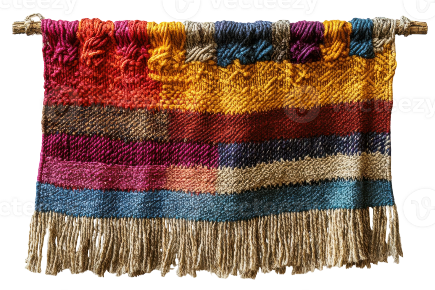 Handcrafted textile wall hanging featuring vibrant colors and intricate patterns for home decor png