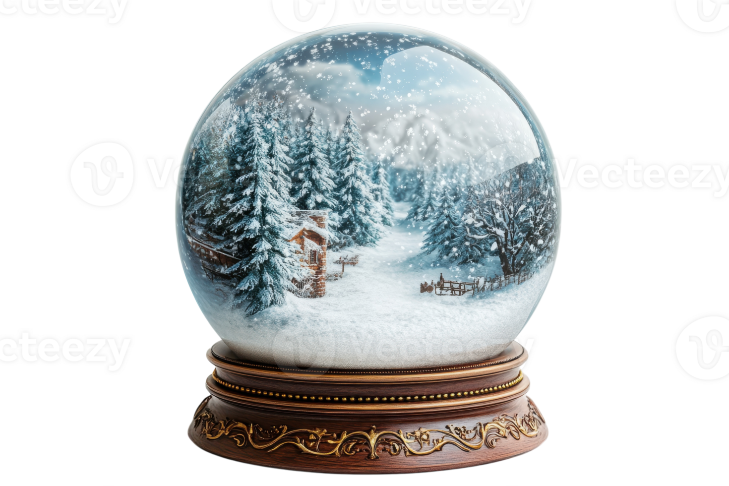 Beautiful snow globe capturing a serene winter landscape with trees and a cozy cabin in the woods png