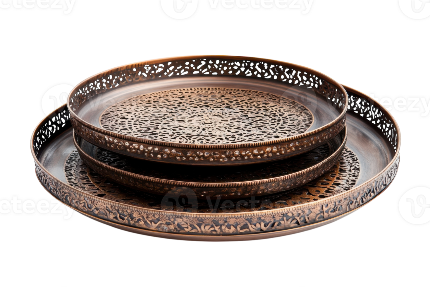 Decorative metallic trays with intricate patterns showcasing craftsmanship and design elegance png