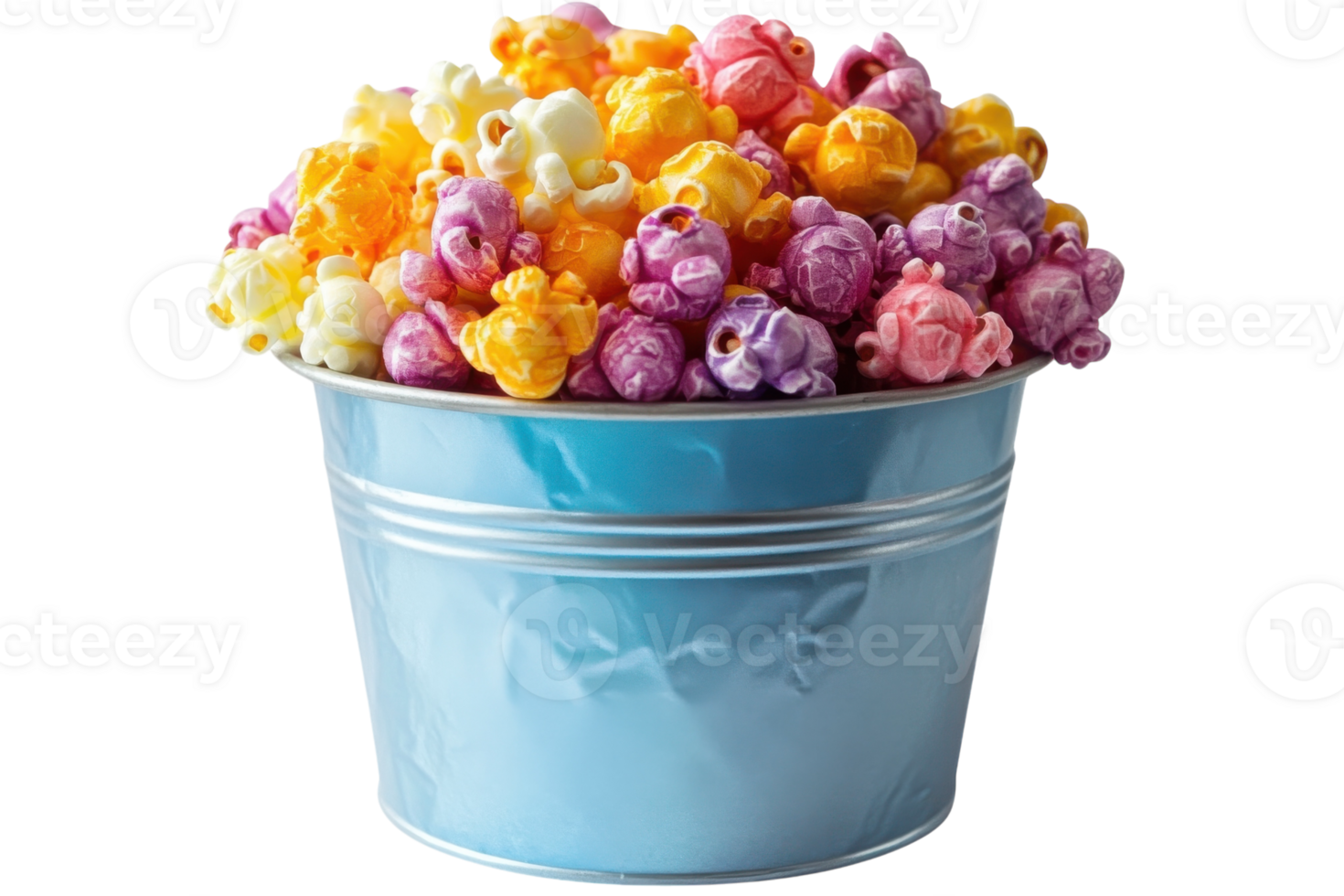 Colorful popcorn in a blue metal bucket served at a festive gathering for an enjoyable movie night experience png