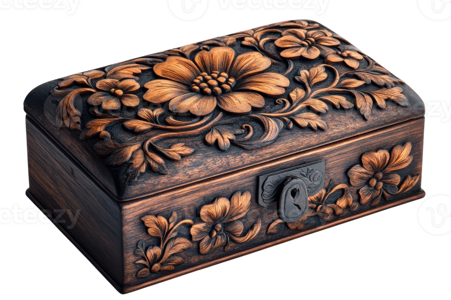 Ornately carved wooden box featuring floral designs with a detailed lock in a classic style png