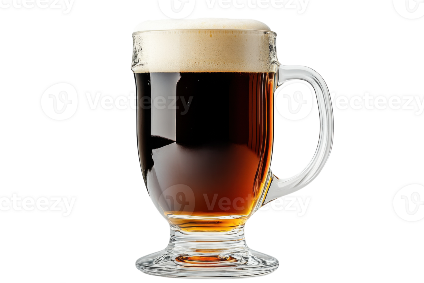 Richly brewed dark beer served in a clear glass mug with a creamy foam head png