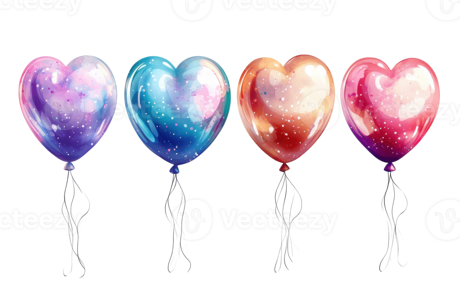 Colorful heart-shaped balloons floating in the air with vibrant patterns and shades png