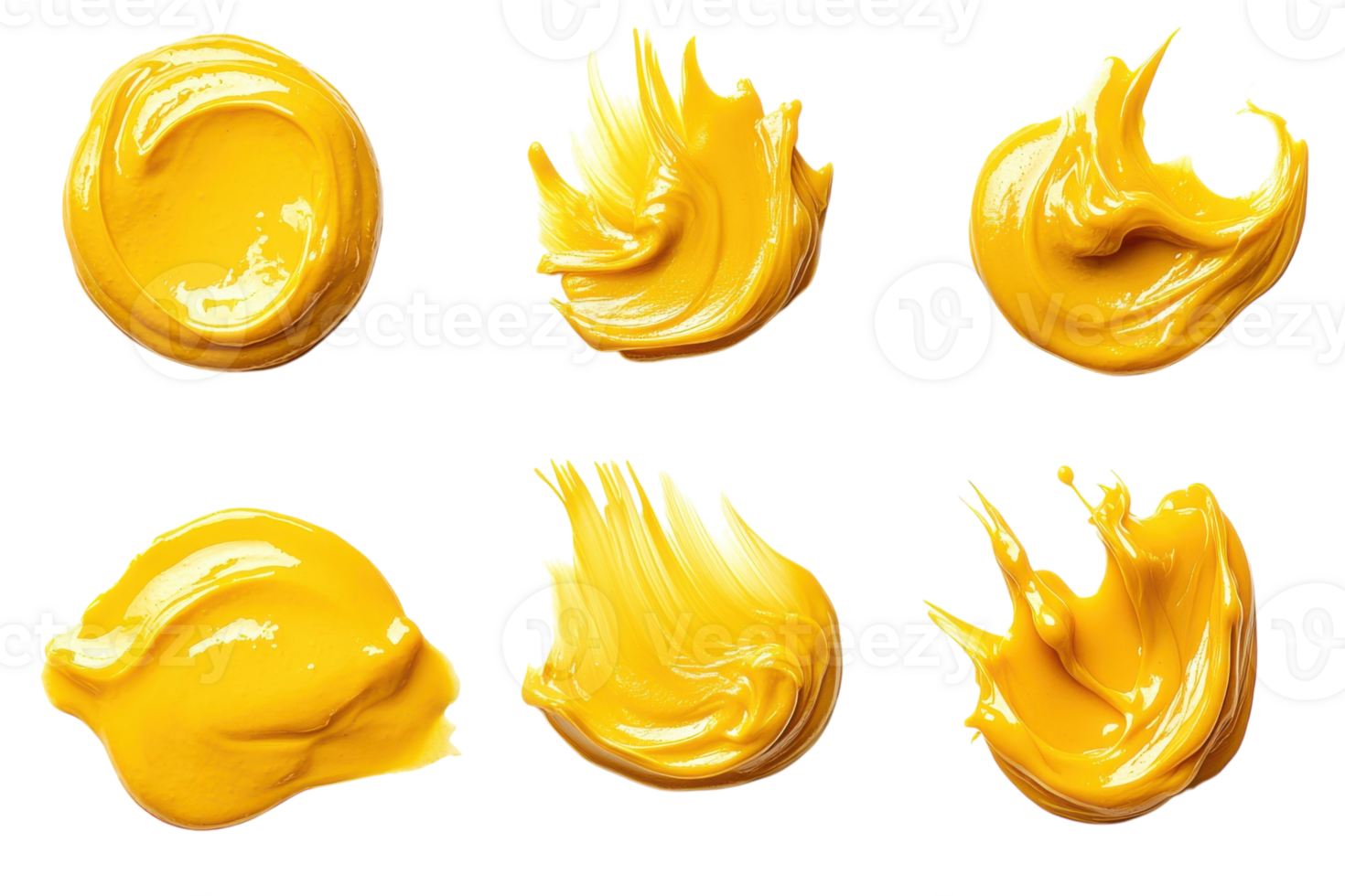 Various textures and forms of vibrant yellow paint displayed on a white background for artistic inspiration png