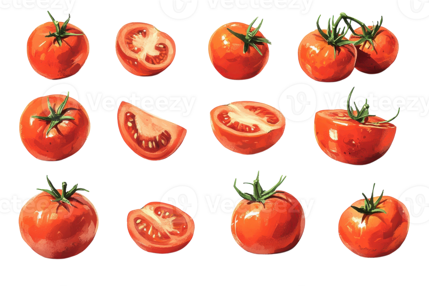 Bright red tomatoes displayed in various cuts and arrangements on a clean background png