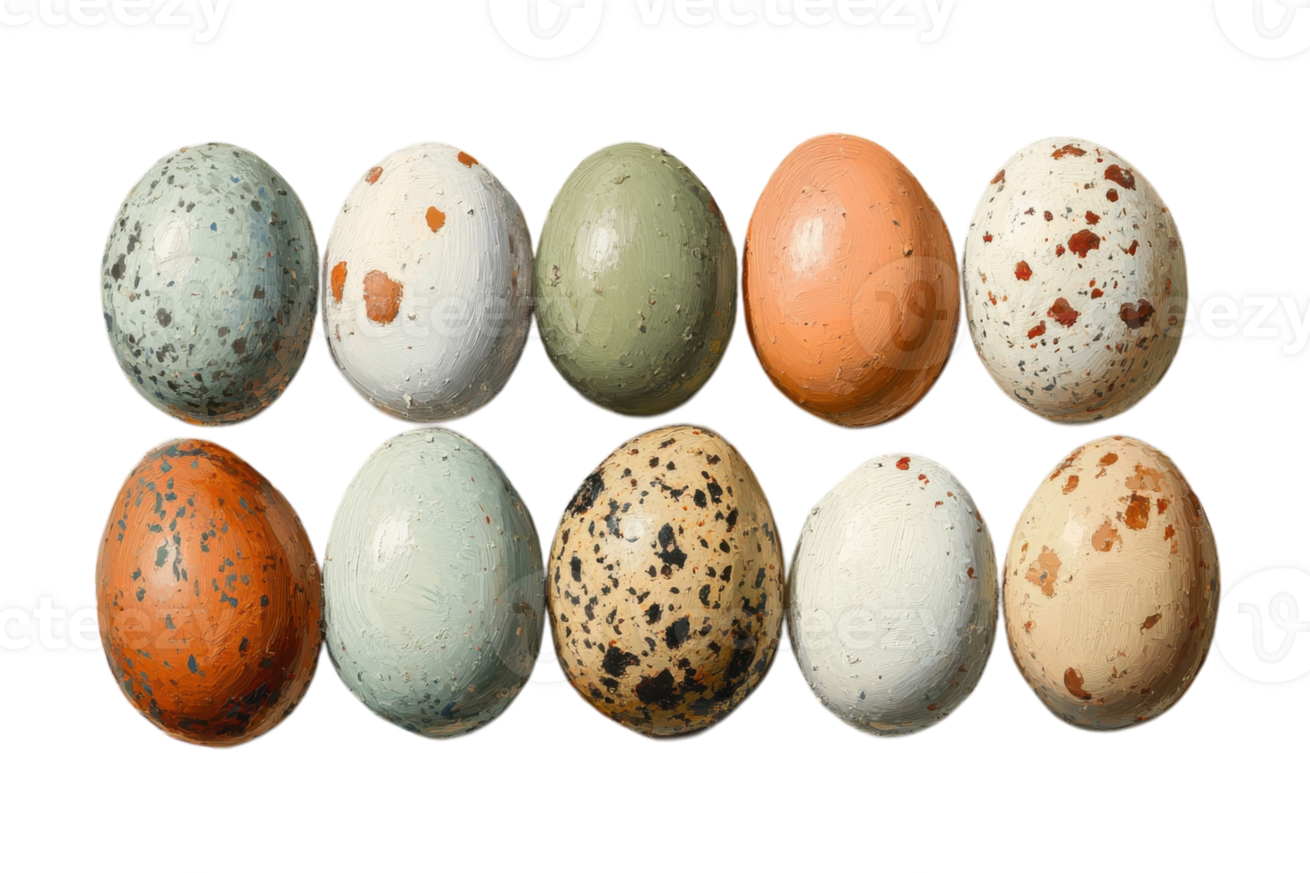 Colorful quail eggs arranged in a decorative pattern on a white surface png