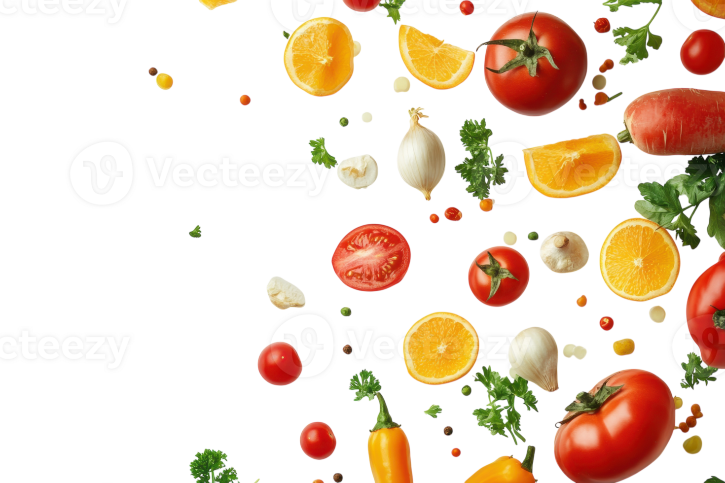 Fresh fruits and vegetables scattered on a bright background creating a vibrant and healthy display for cooking png