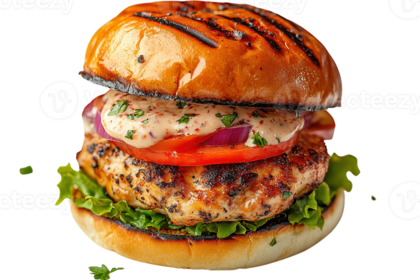 Grilled chicken burger with fresh toppings on a toasted bun png