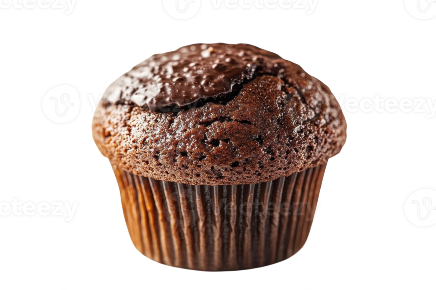 Moist chocolate cupcake topped with a rich layer of cracked ganache sits on a white background png