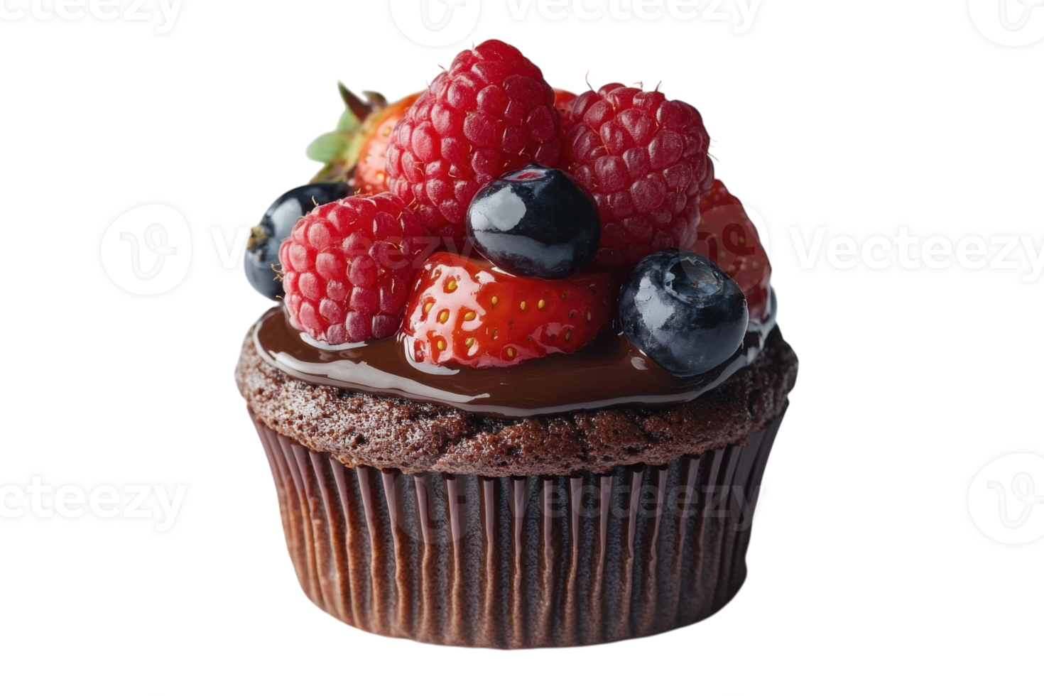 Delicious chocolate cupcake topped with fresh berries served on a white background png