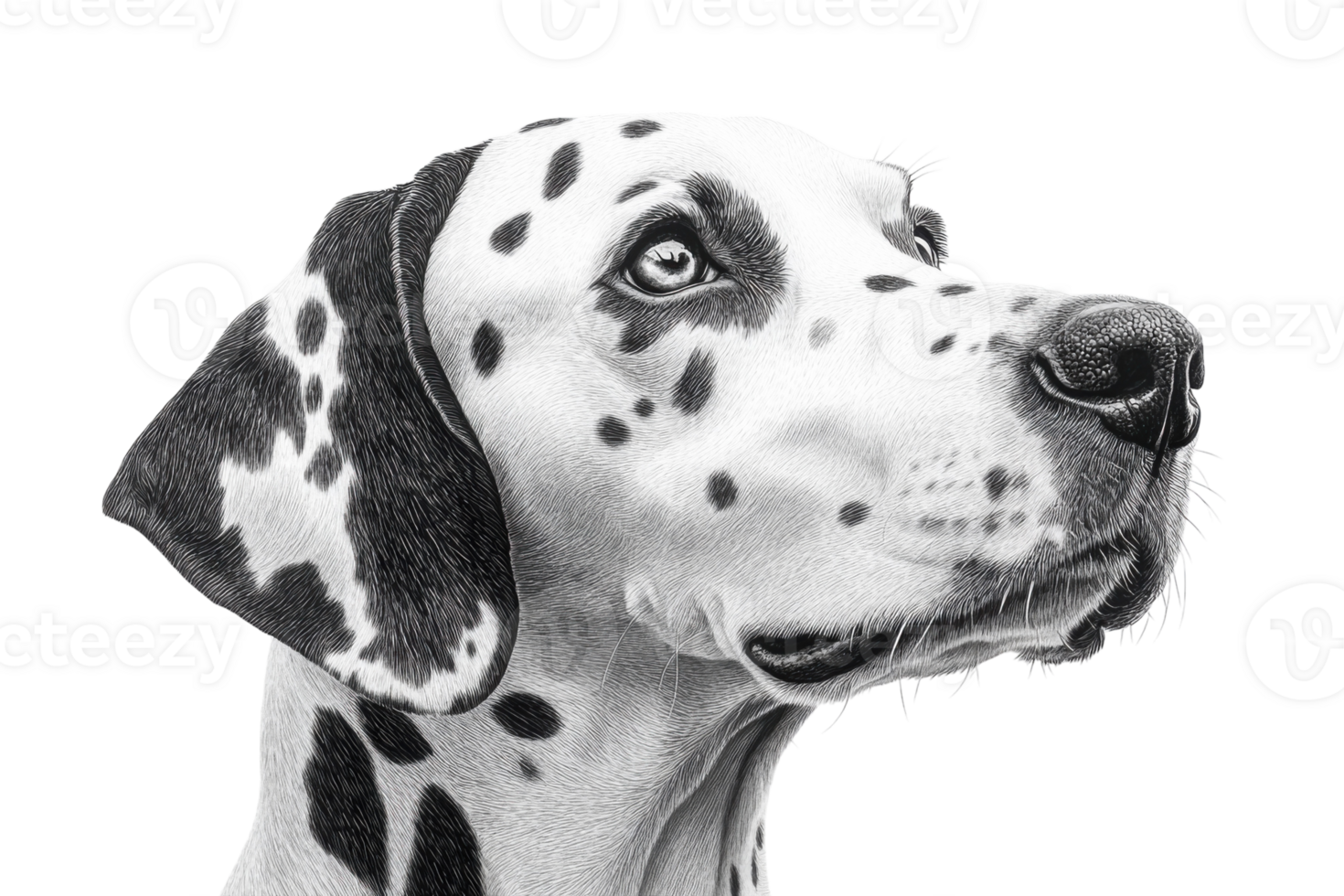 Dalmatian dog portrait showcasing distinctive spots and expressive eyes in black and white art style png