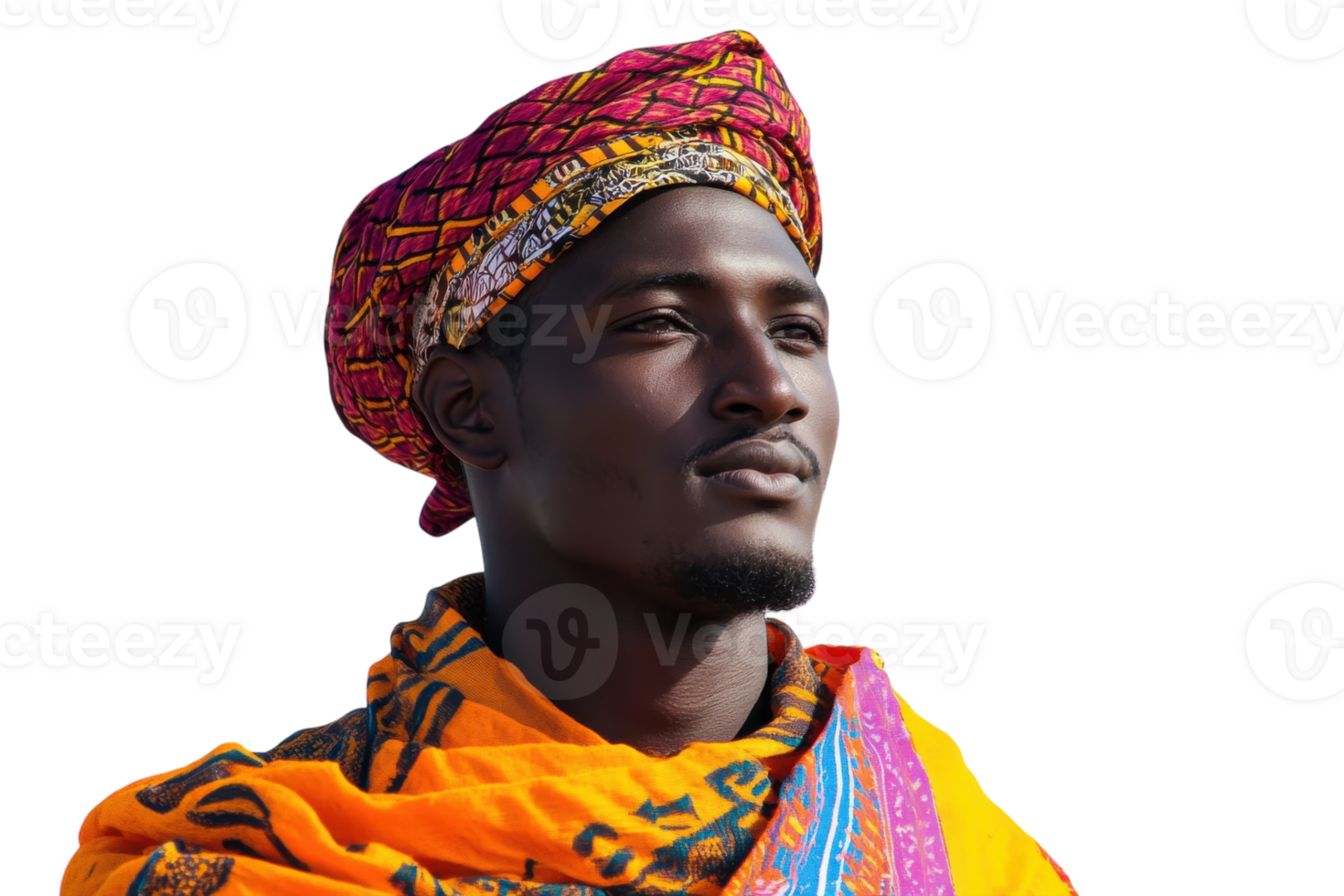 Portrait of a man in traditional attire with vibrant colors and intricate patterns in a cultural setting png