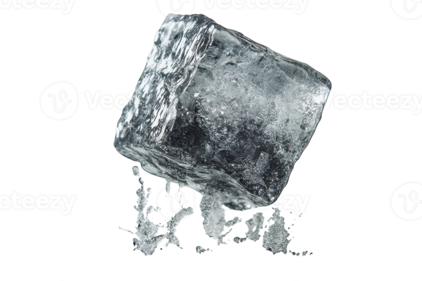 Clear ice cube splashing water as it drops, creating bubbles and droplets png