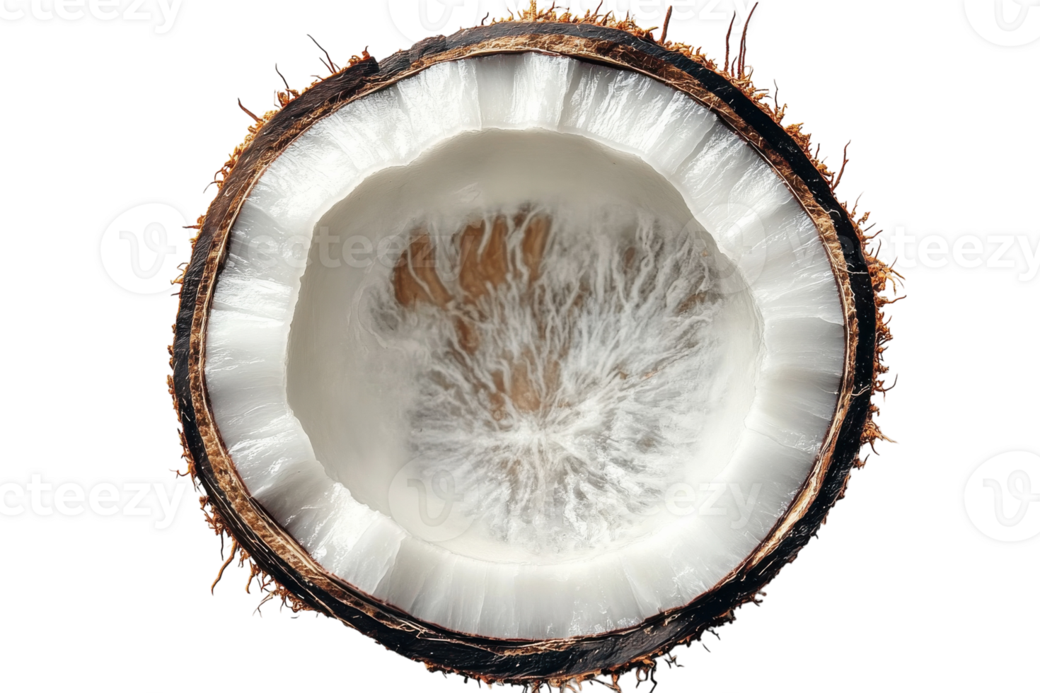 Coconut shell split in half revealing its white flesh and fibrous texture, ideal for culinary use or natural decor png