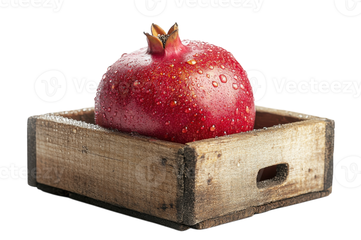 Freshly harvested pomegranate with water droplets in a rustic wooden box on a clean surface png