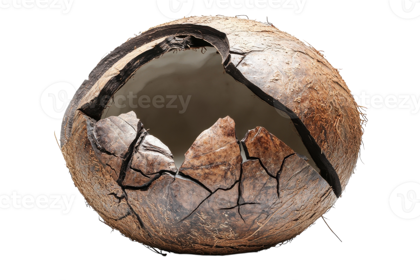 Cracked coconut shell revealing inner contents on white background showcasing natural texture and form png
