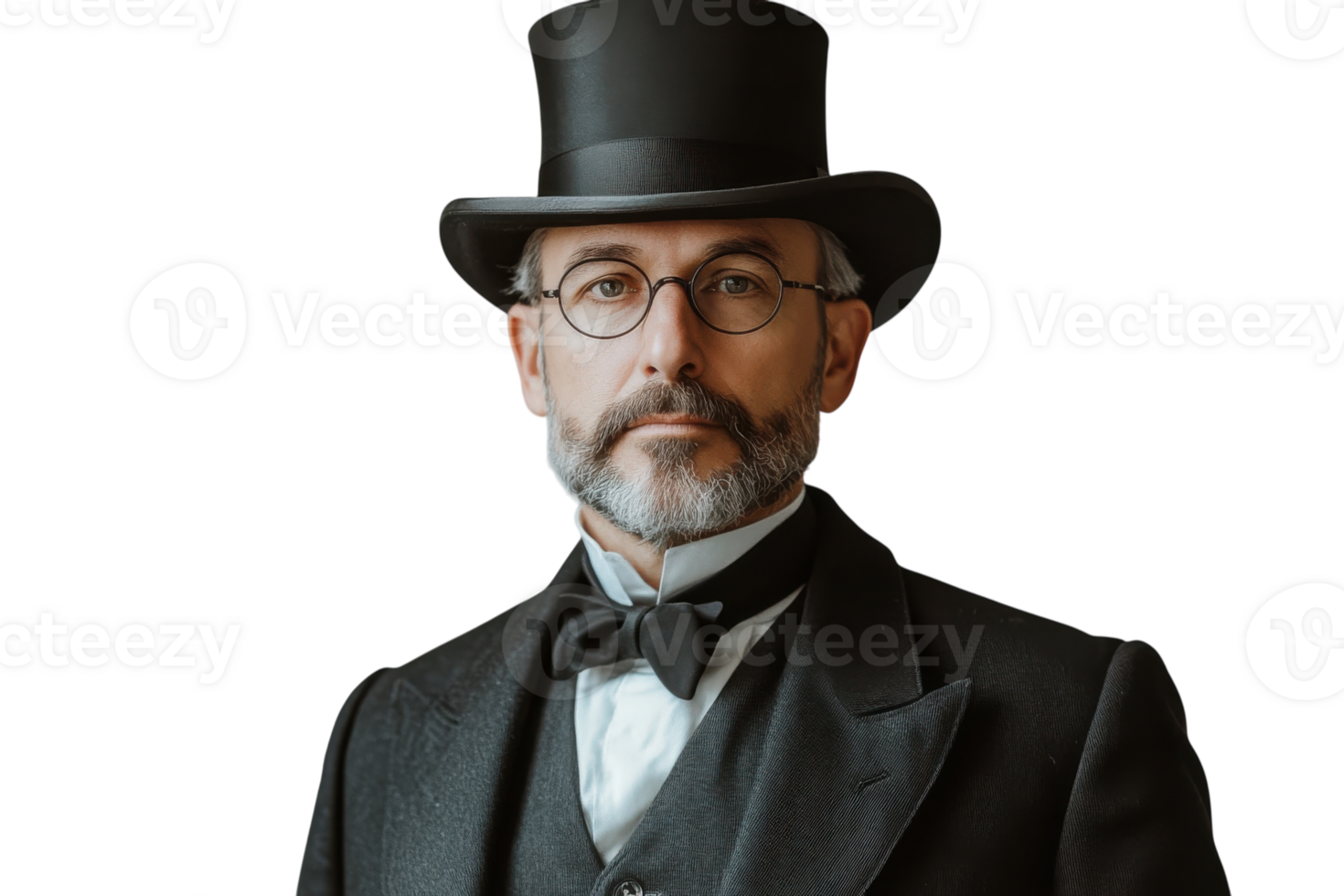 Man in a formal black suit with a top hat and glasses portrays a vintage fashion style in a modern setting png