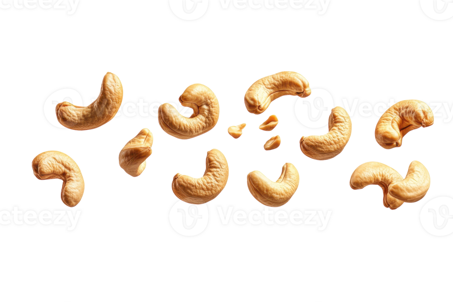 Cashews scattered on a clean white surface showcasing their unique shapes and textures png