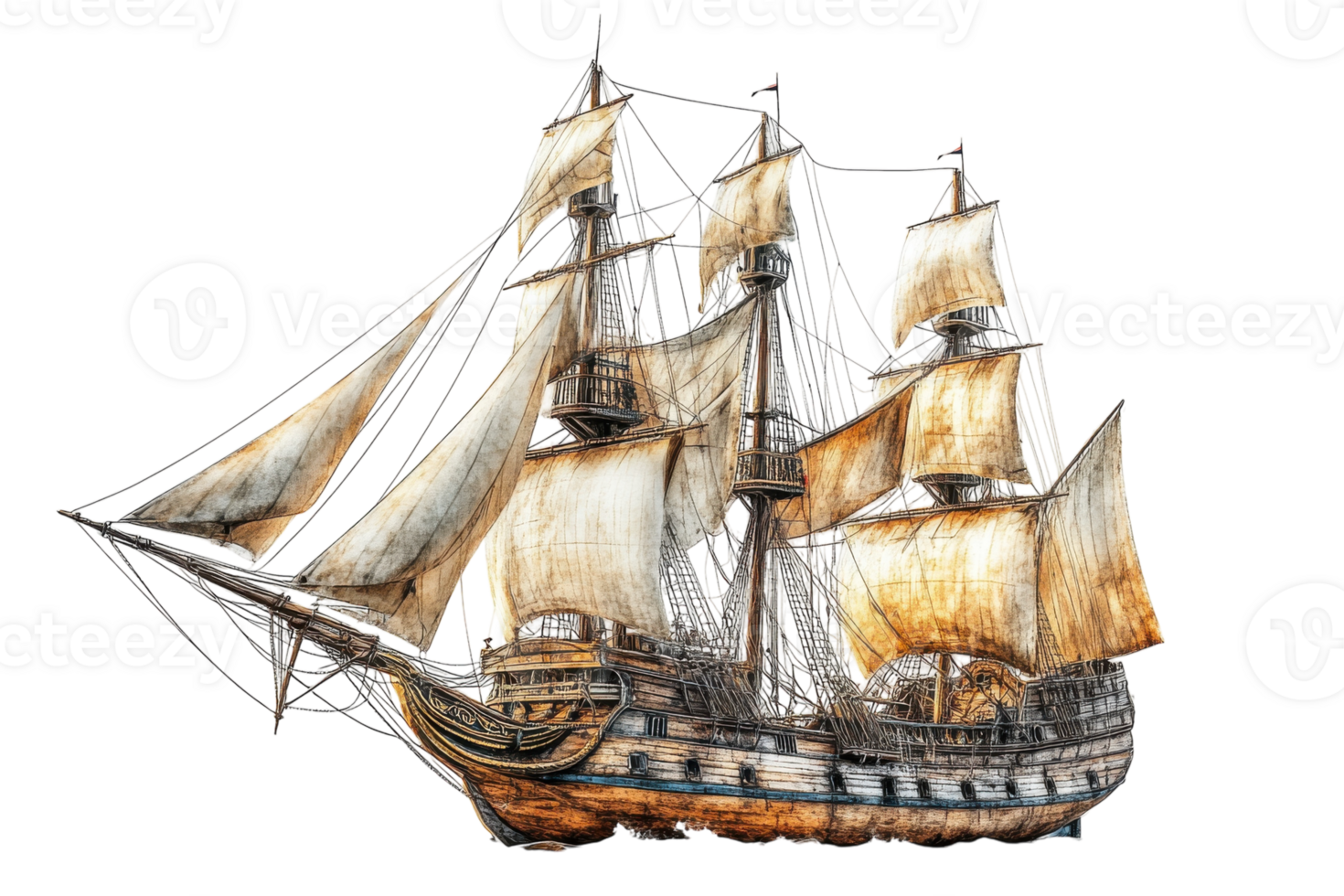 Sailing ship with multiple sails navigating through calm waters during a bright day png