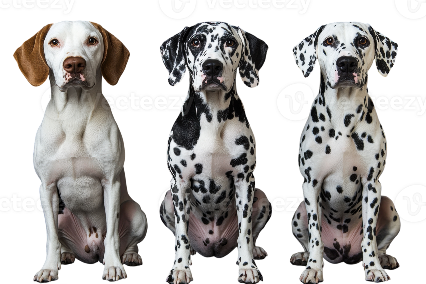 Three dogs sit side by side showcasing distinct coat patterns and colors, highlighting the diversity in dog breeds png