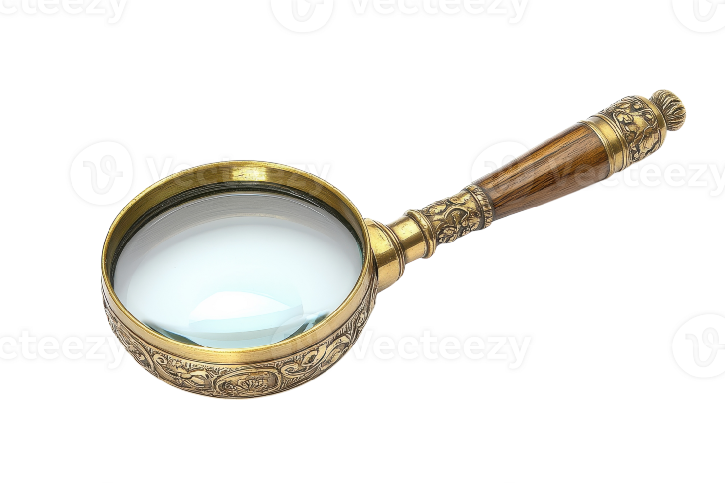 Magnifying glass with intricate design and wooden handle on a white background for detailed examination png