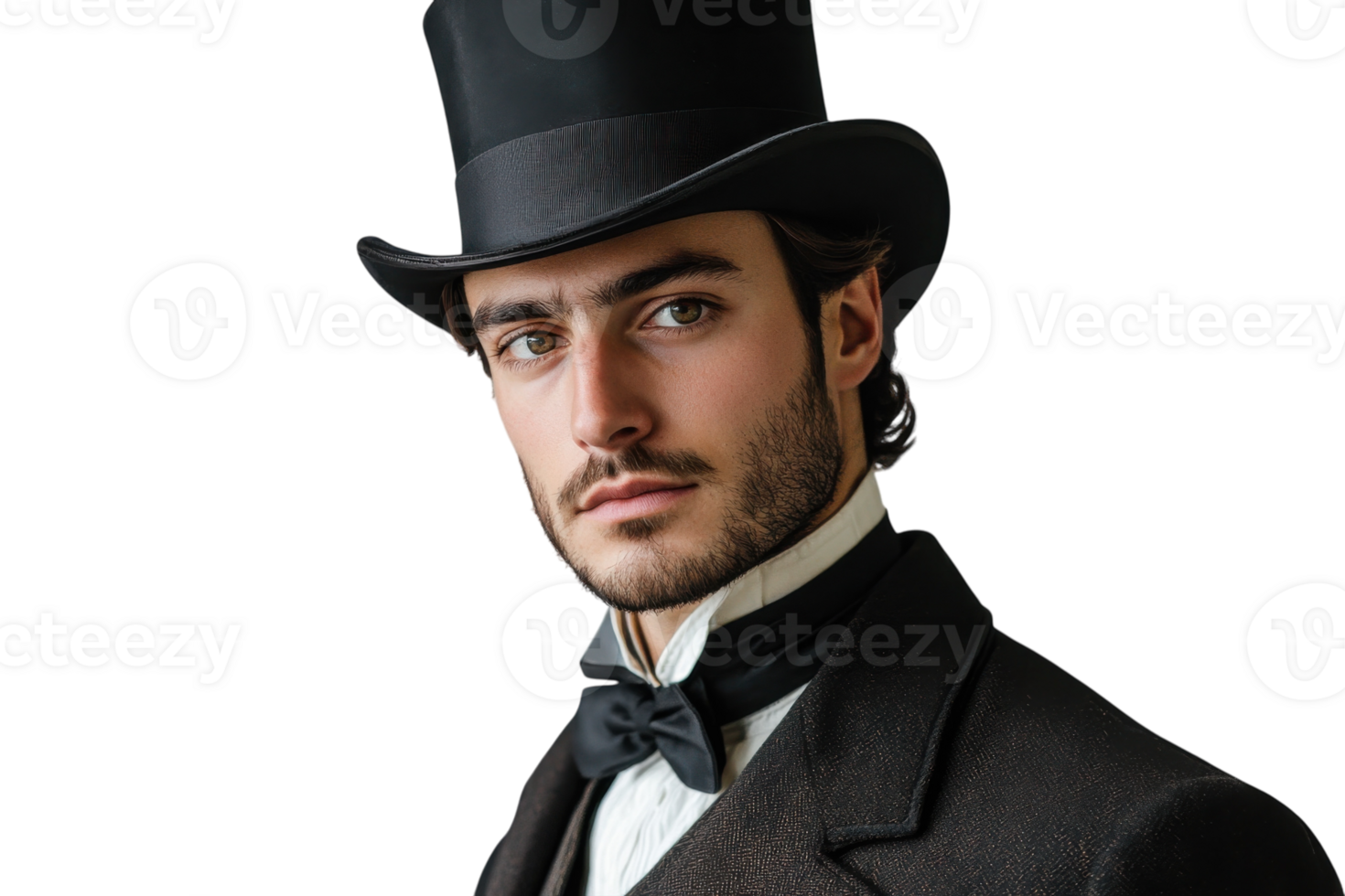 Sophisticated gentleman in vintage attire wearing a top hat and bow tie poses elegantly in a studio setting png