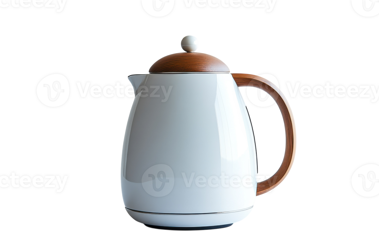 Electric kettle with wooden handle and sleek white design for modern kitchens and everyday use png