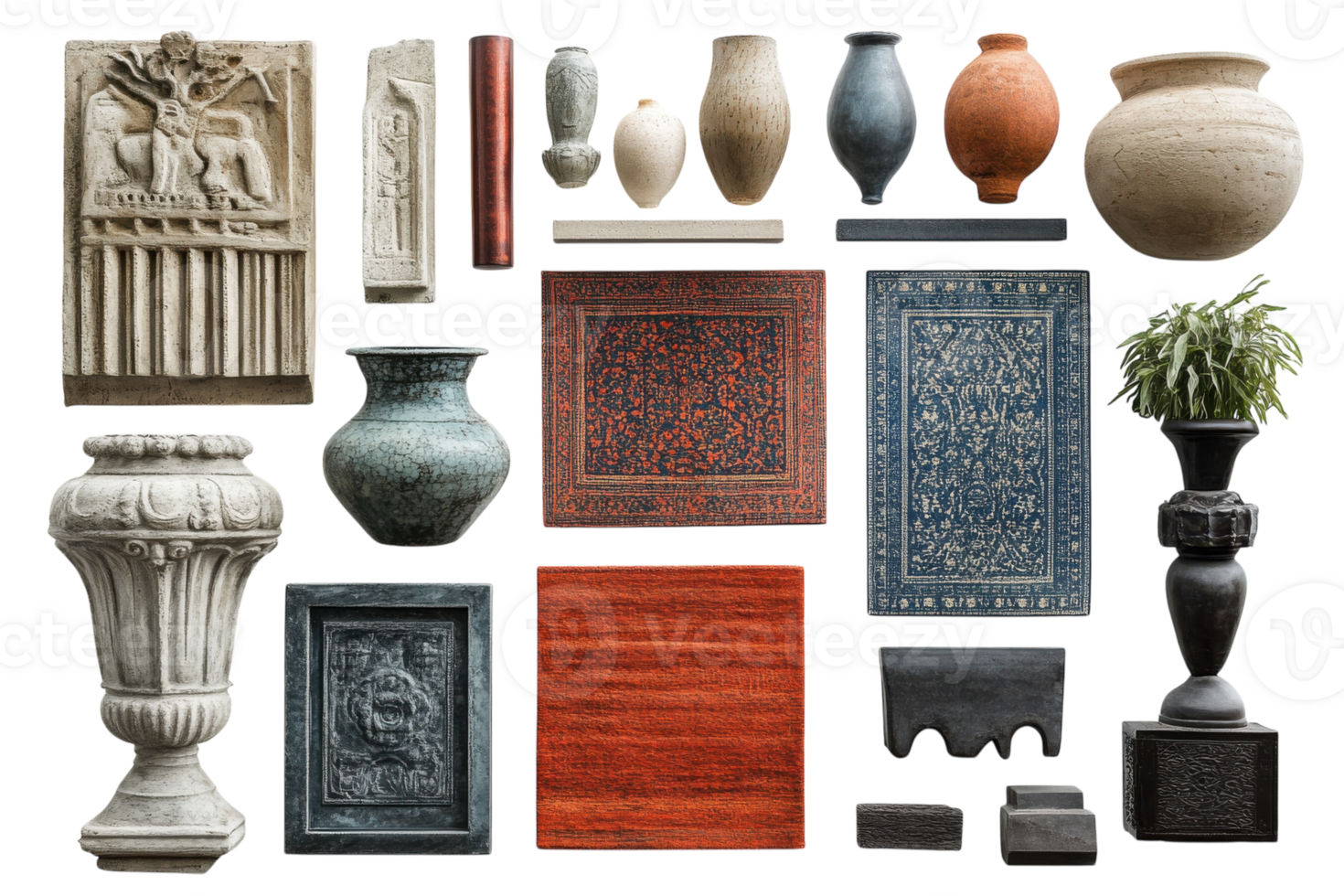 Decorative artifacts feature various shapes, materials, and colors arranged on a white background for artistic display png