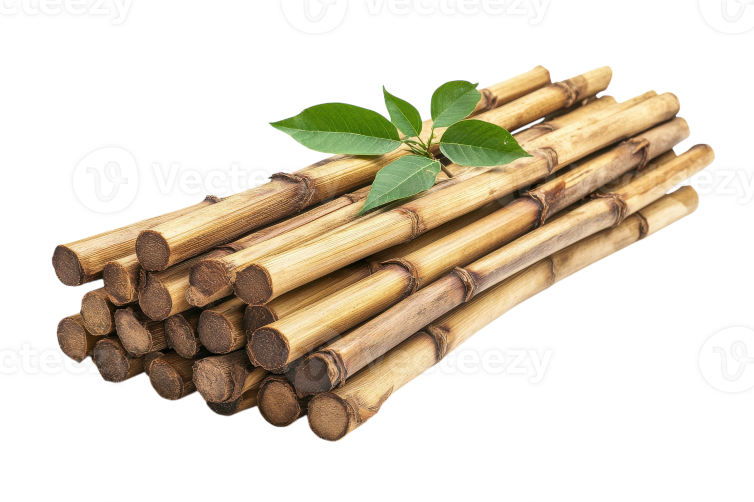 Bamboo sticks arranged neatly with green leaves on a white background showcasing natural materials png