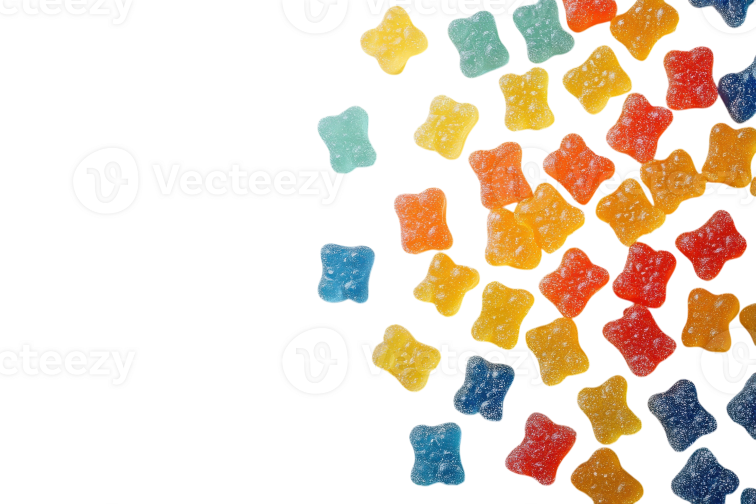 Colorful gummy bears scattered on a white background create a playful and cheerful display of sweetness png