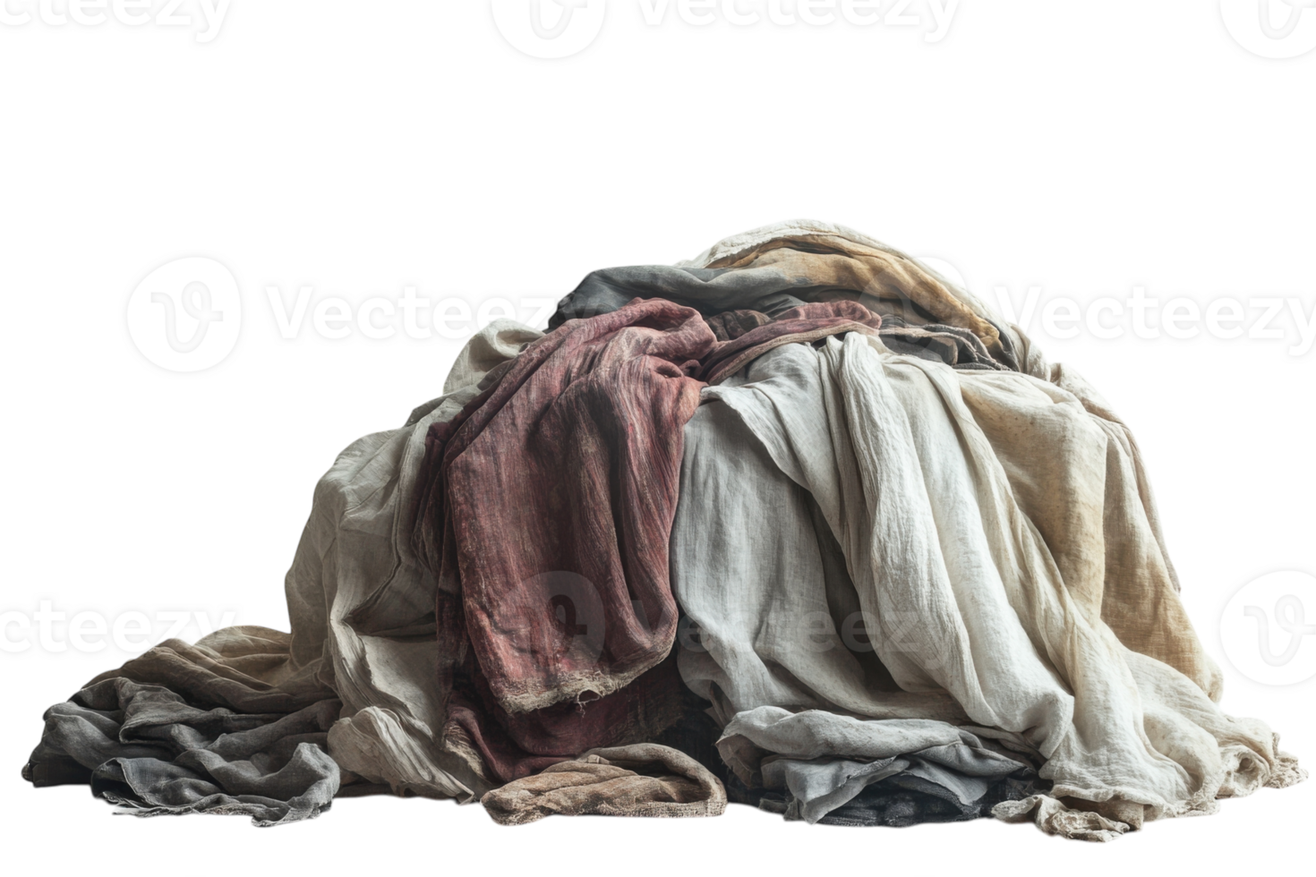 Textiles arranged in a disordered pile showcasing various colors and textures under neutral lighting png