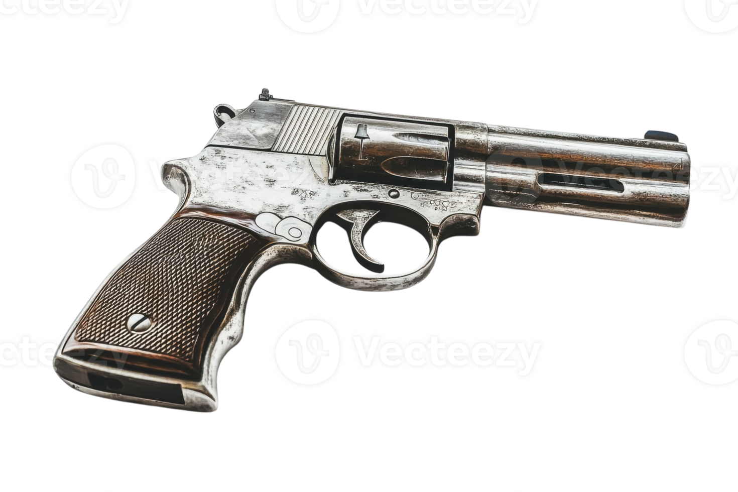 Vintage handgun with polished silver finish displayed on a white background in a well-lit environment png