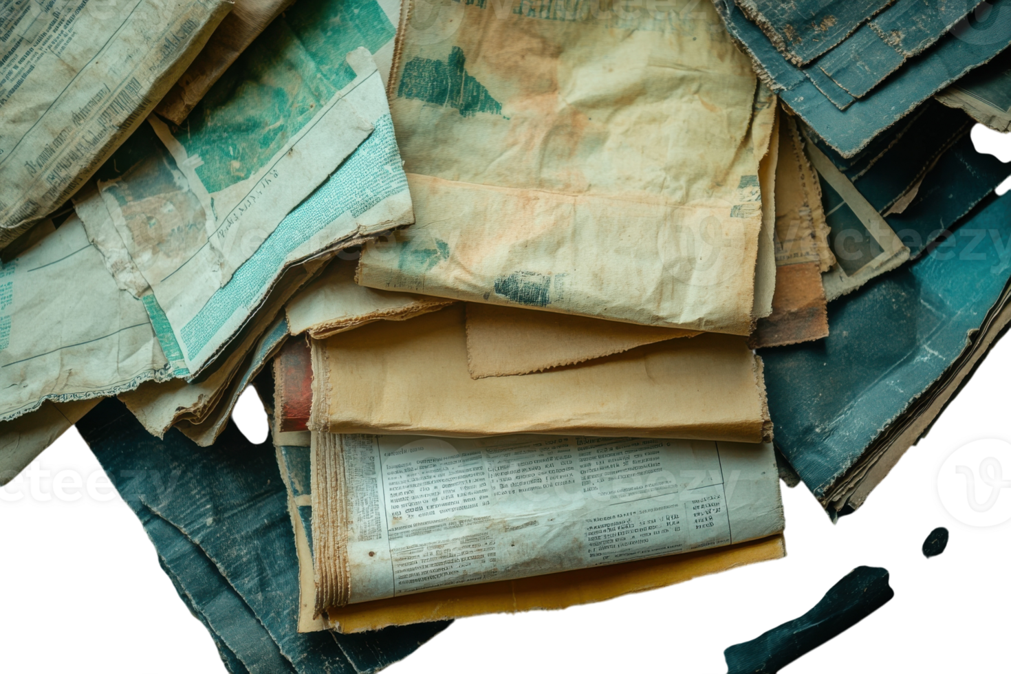 Piles of old newspapers scattered on a surface showcasing history and nostalgia in a cluttered collection png
