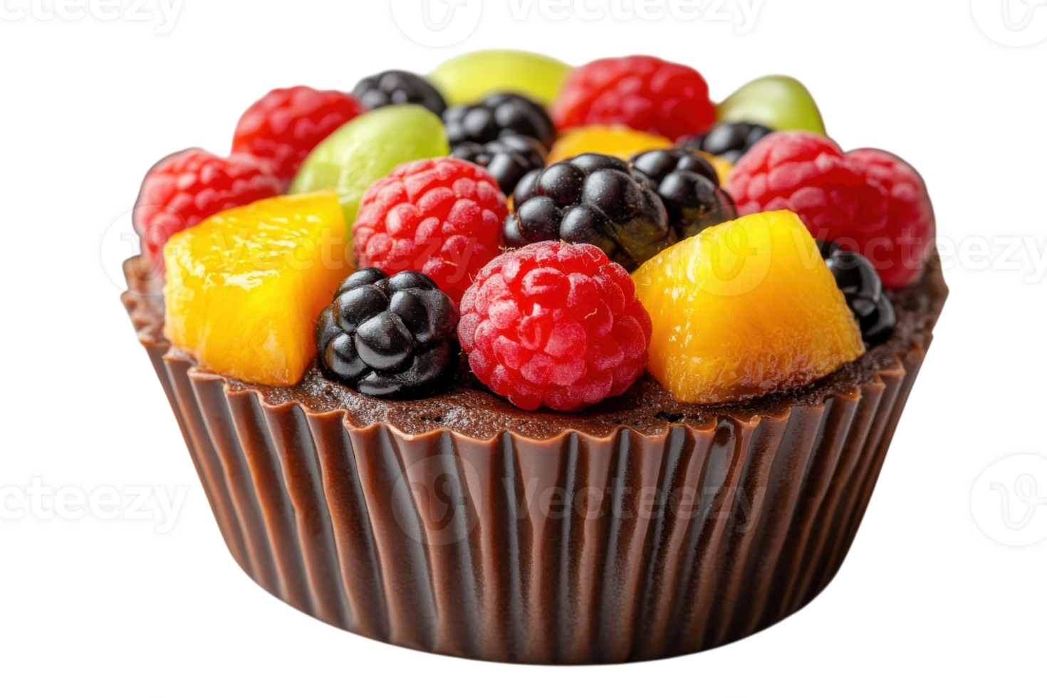 Delicious fruit tart with chocolate crust featuring fresh berries and tropical fruits on a white background png