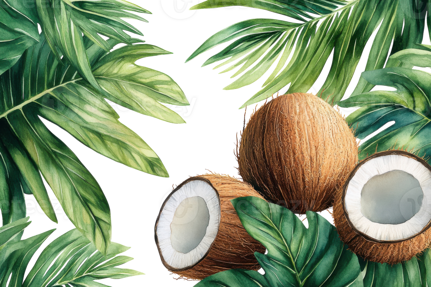 Coconuts surrounded by lush tropical leaves in a vibrant, natural setting for a refreshing, exotic vibe png
