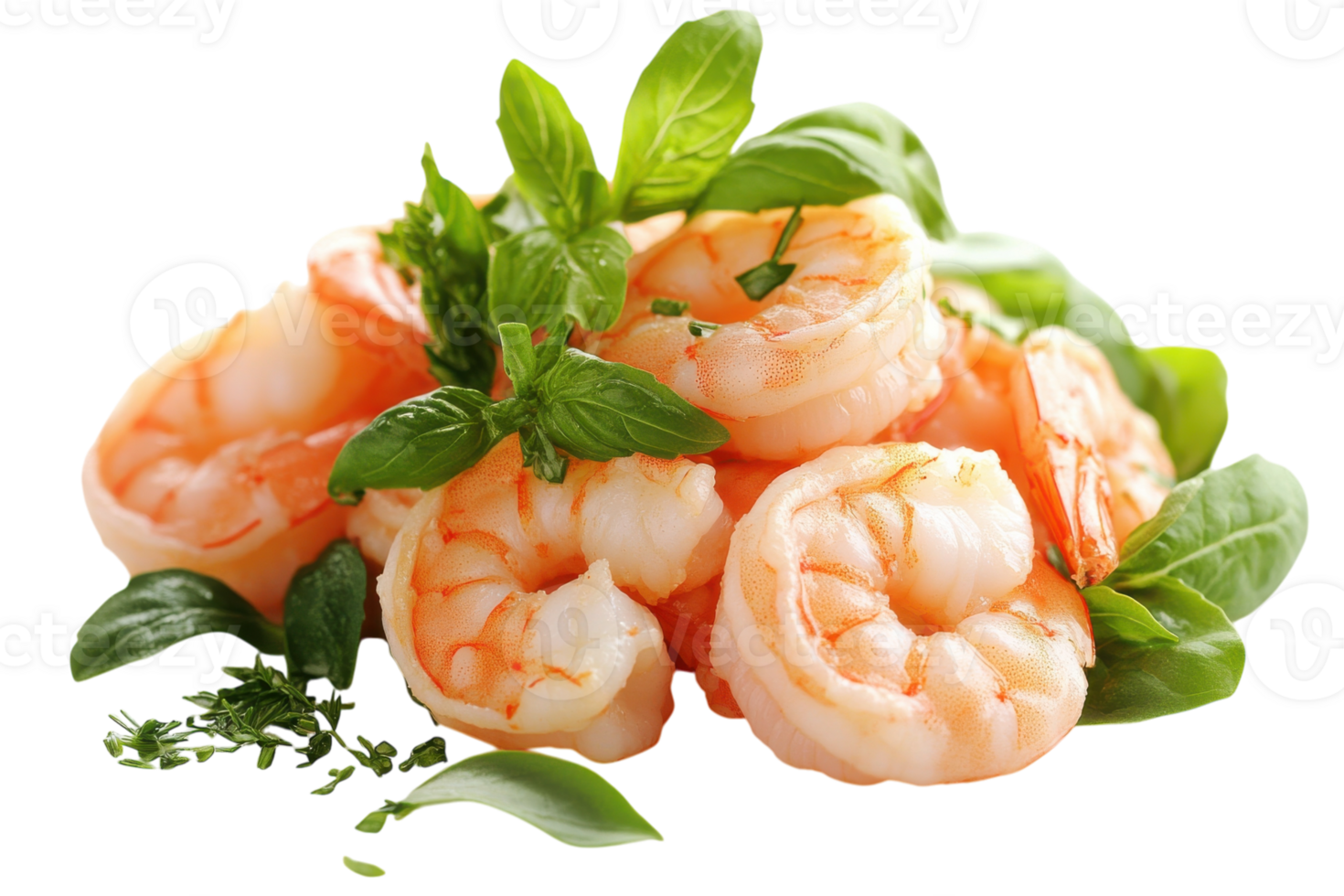 Fresh shrimp garnished with basil and herbs arranged artistically in a bright setting png